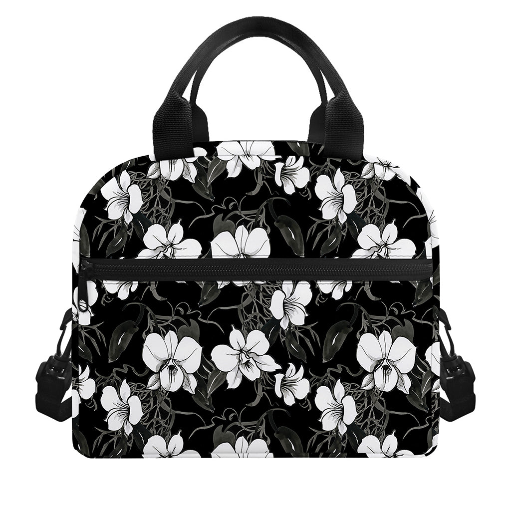 Black And White Cattleya Pattern Print Insulated Lunch Bag