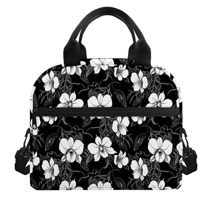 Black And White Cattleya Pattern Print Insulated Lunch Bag