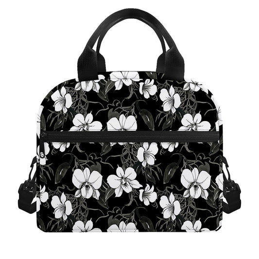 Black And White Cattleya Pattern Print Insulated Lunch Bag