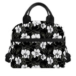 Black And White Cattleya Pattern Print Insulated Lunch Bag