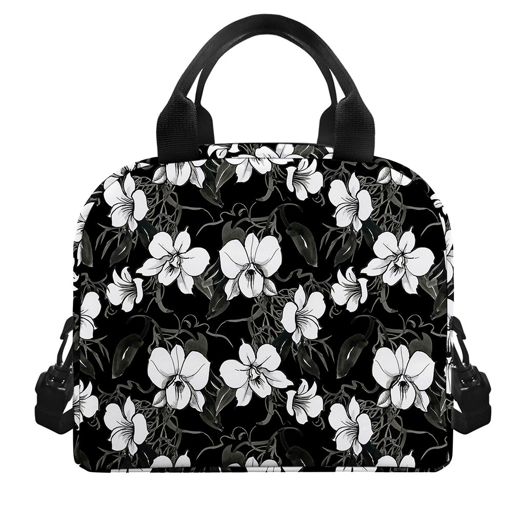 Black And White Cattleya Pattern Print Insulated Lunch Bag