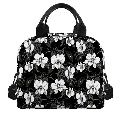 Black And White Cattleya Pattern Print Insulated Lunch Bag