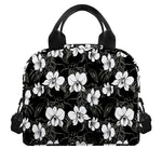Black And White Cattleya Pattern Print Insulated Lunch Bag