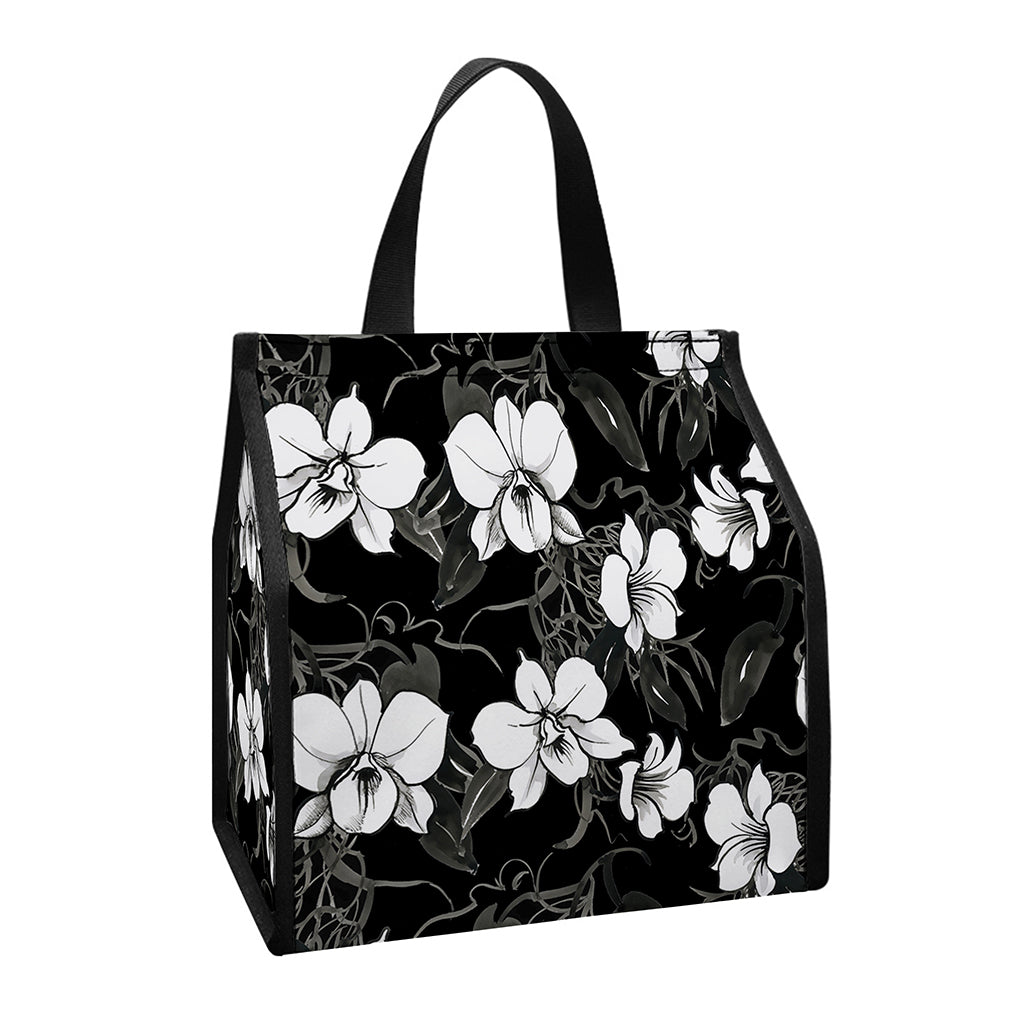 Black And White Cattleya Pattern Print Insulated Lunch Tote