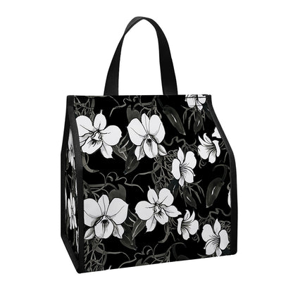 Black And White Cattleya Pattern Print Insulated Lunch Tote