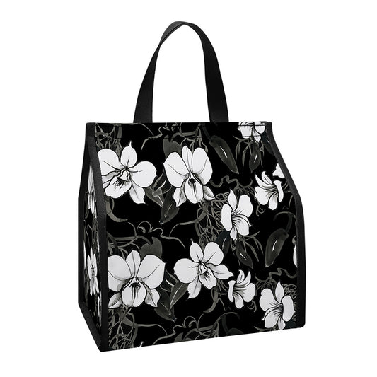 Black And White Cattleya Pattern Print Insulated Lunch Tote