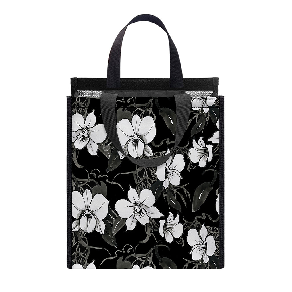 Black And White Cattleya Pattern Print Insulated Lunch Tote