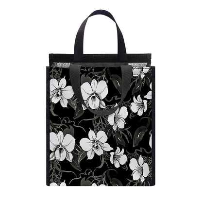 Black And White Cattleya Pattern Print Insulated Lunch Tote