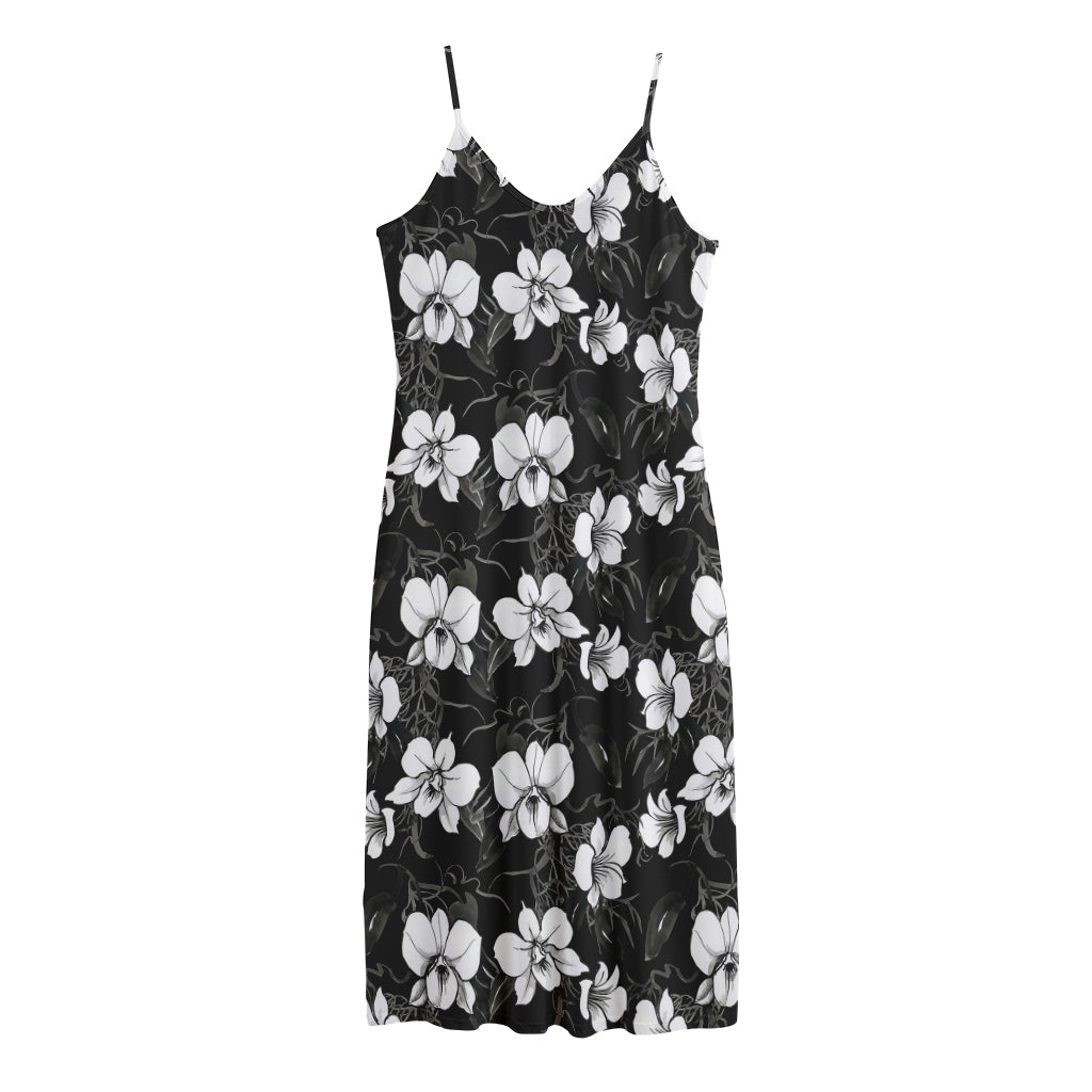 Black And White Cattleya Pattern Print Jersey Midi Cami Dress