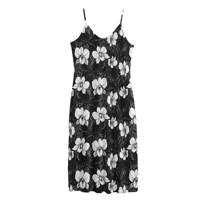 Black And White Cattleya Pattern Print Jersey Midi Cami Dress