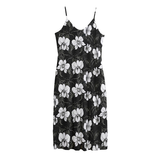 Black And White Cattleya Pattern Print Jersey Midi Cami Dress