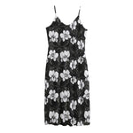 Black And White Cattleya Pattern Print Jersey Midi Cami Dress