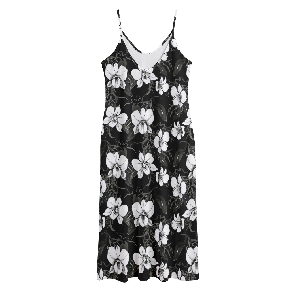 Black And White Cattleya Pattern Print Jersey Midi Cami Dress