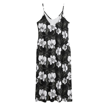 Black And White Cattleya Pattern Print Jersey Midi Cami Dress