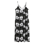 Black And White Cattleya Pattern Print Jersey Midi Cami Dress