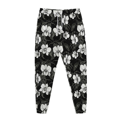 Black And White Cattleya Pattern Print Jogger Pants