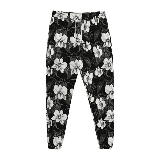 Black And White Cattleya Pattern Print Jogger Pants