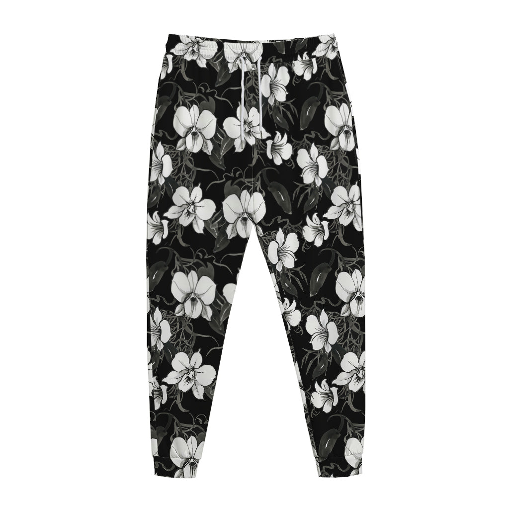 Black And White Cattleya Pattern Print Jogger Pants