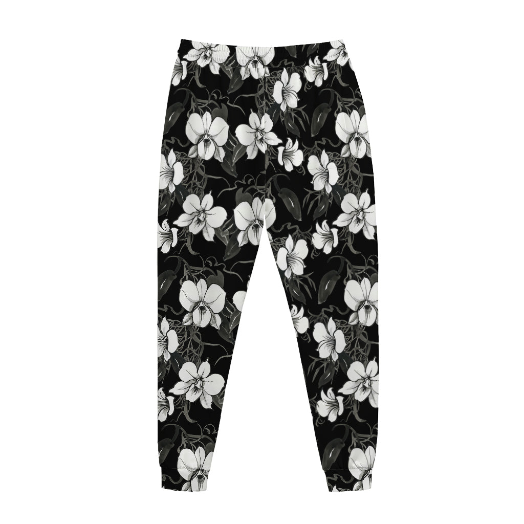 Black And White Cattleya Pattern Print Jogger Pants