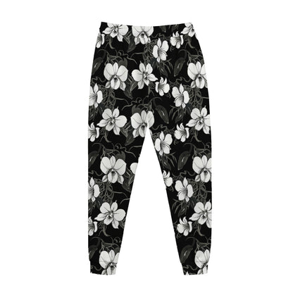 Black And White Cattleya Pattern Print Jogger Pants