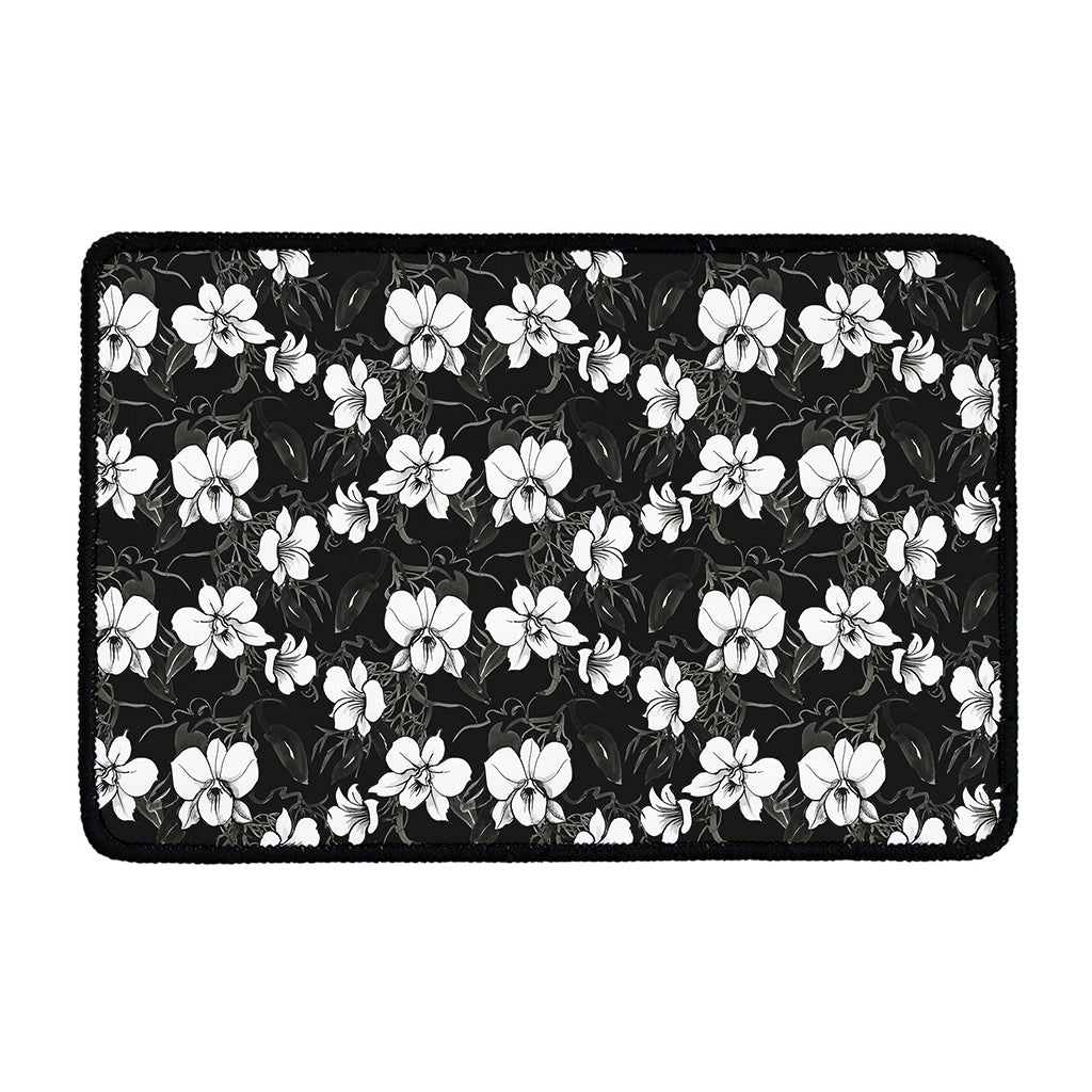 Black And White Cattleya Pattern Print Kitchen Mat