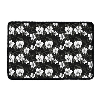 Black And White Cattleya Pattern Print Kitchen Mat