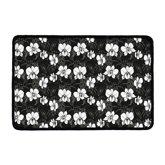 Black And White Cattleya Pattern Print Kitchen Mat