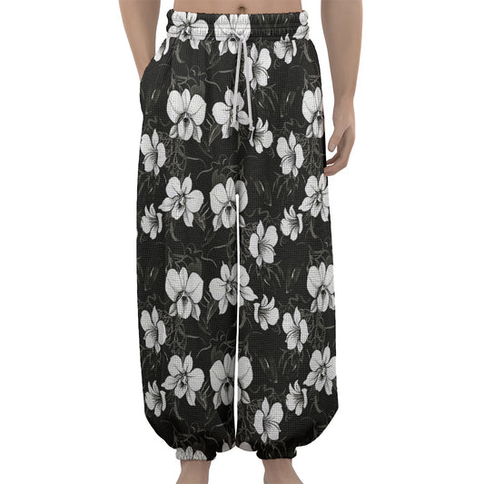 Black And White Cattleya Pattern Print Lantern Pants