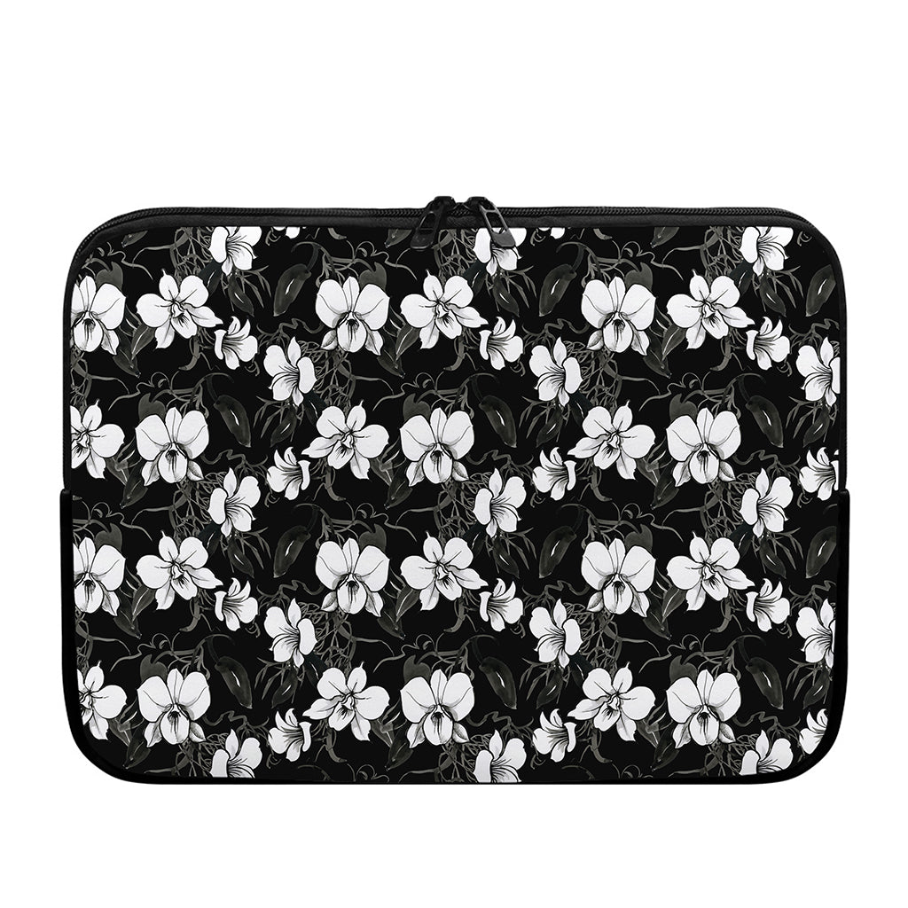 Black And White Cattleya Pattern Print Laptop Sleeve