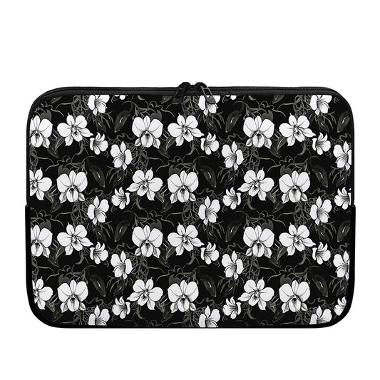 Black And White Cattleya Pattern Print Laptop Sleeve