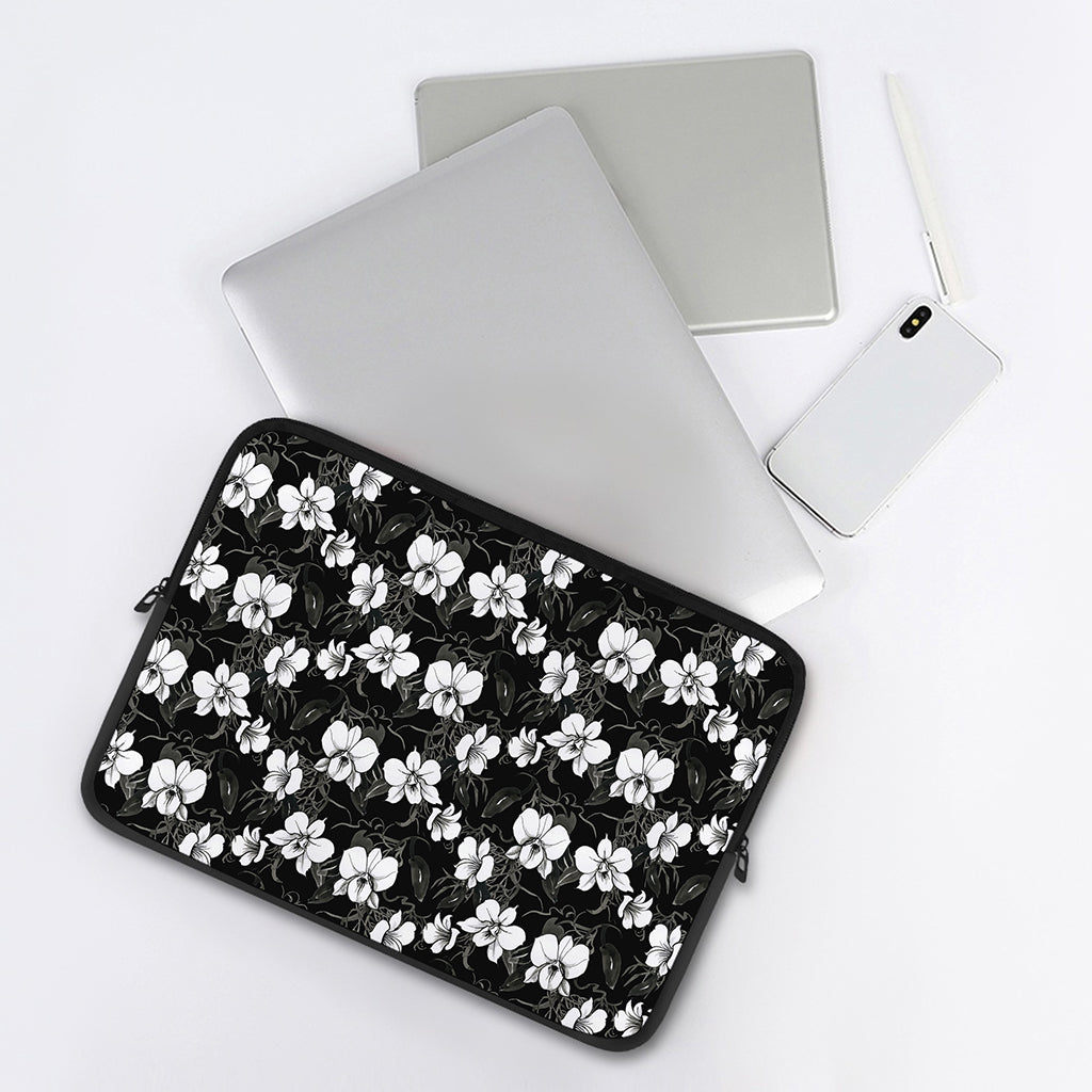 Black And White Cattleya Pattern Print Laptop Sleeve