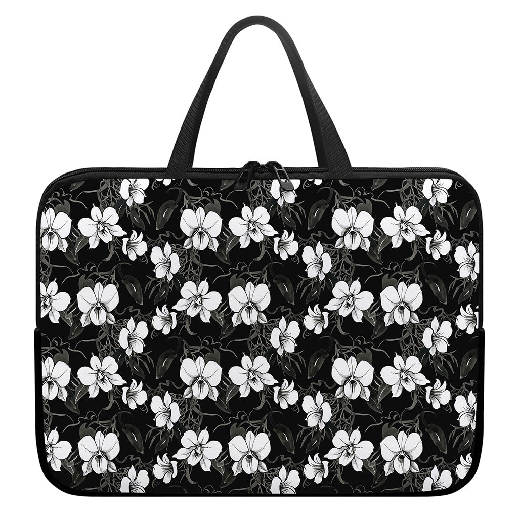 Black And White Cattleya Pattern Print Laptop Sleeve With Handle