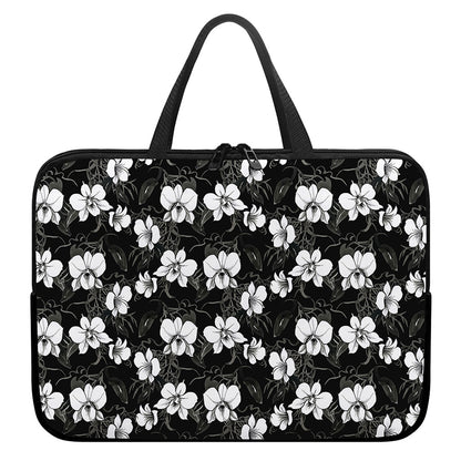 Black And White Cattleya Pattern Print Laptop Sleeve With Handle