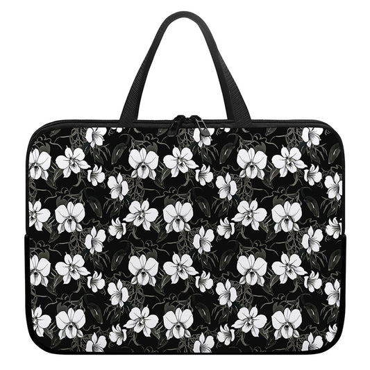 Black And White Cattleya Pattern Print Laptop Sleeve With Handle
