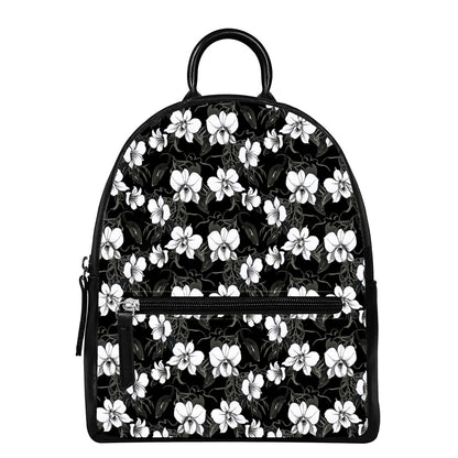 Black And White Cattleya Pattern Print Leather Backpack