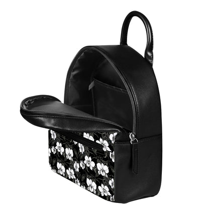 Black And White Cattleya Pattern Print Leather Backpack