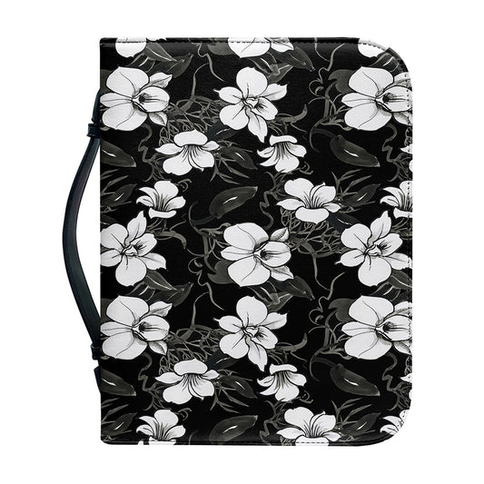 Black And White Cattleya Pattern Print Leather Bible Cover
