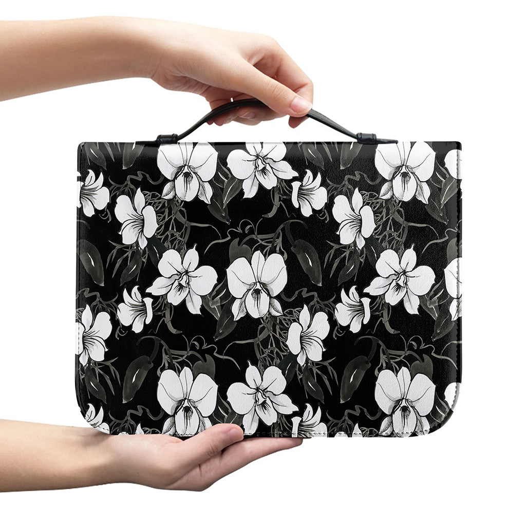 Black And White Cattleya Pattern Print Leather Bible Cover