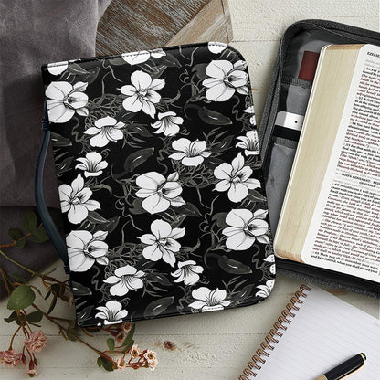 Black And White Cattleya Pattern Print Leather Bible Cover