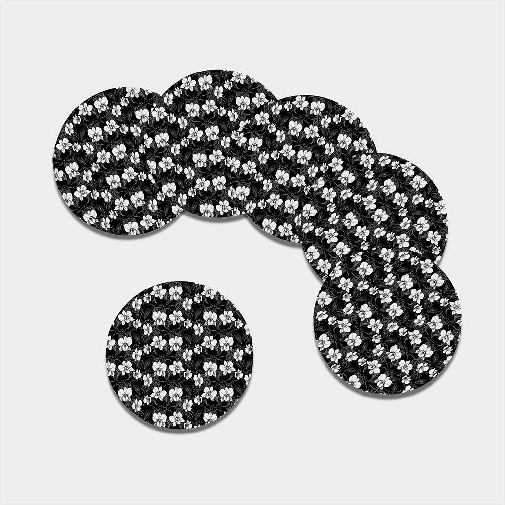 Black And White Cattleya Pattern Print Leather Coaster Set