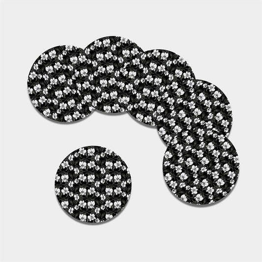 Black And White Cattleya Pattern Print Leather Coaster Set