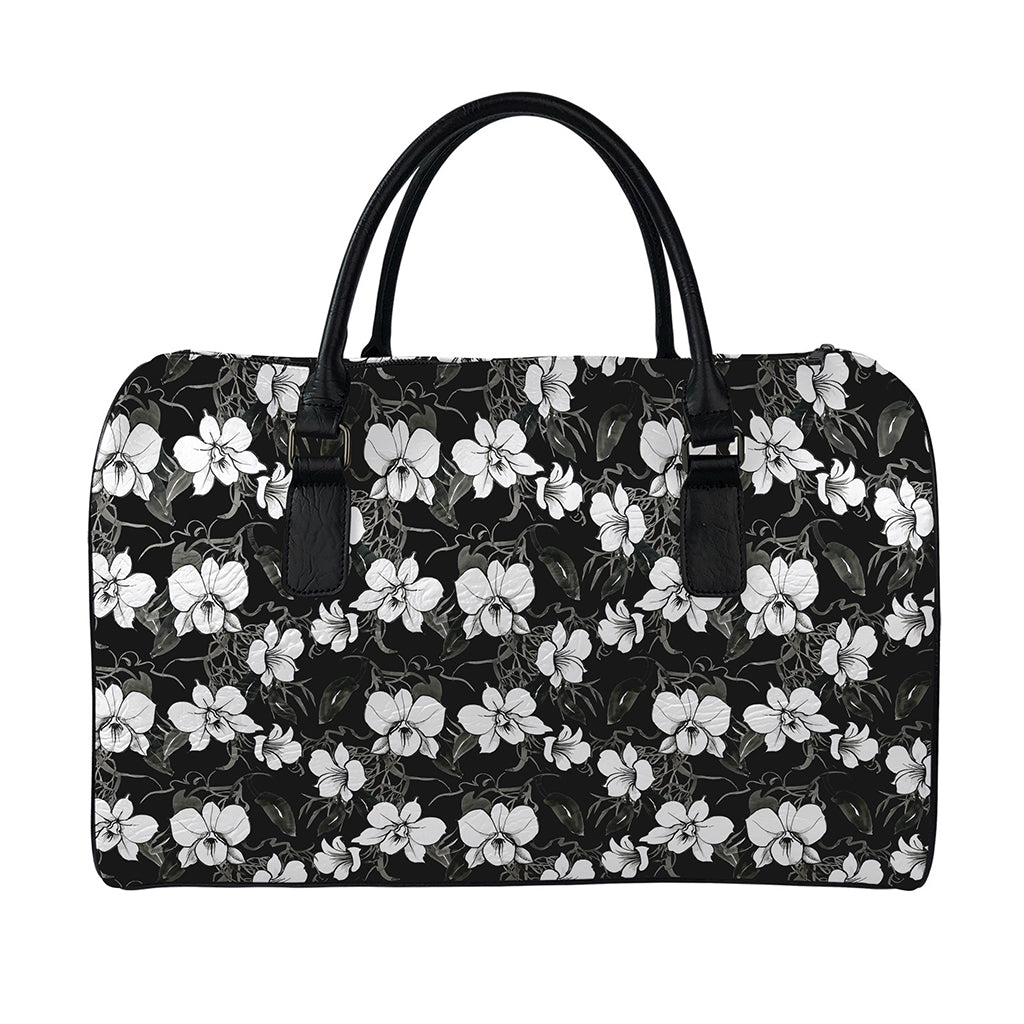 Black And White Cattleya Pattern Print Leather Duffle Bag