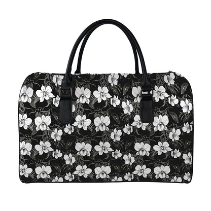 Black And White Cattleya Pattern Print Leather Duffle Bag