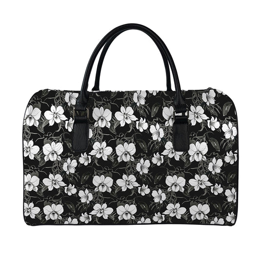 Black And White Cattleya Pattern Print Leather Duffle Bag