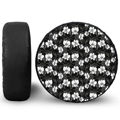 Black And White Cattleya Pattern Print Leather Spare Tire Cover