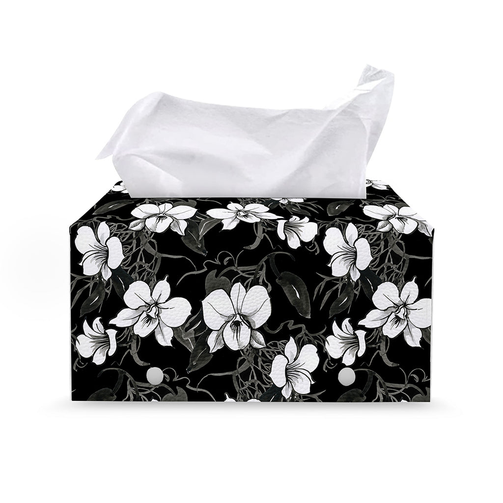 Black And White Cattleya Pattern Print Leather Tissue Box Cover