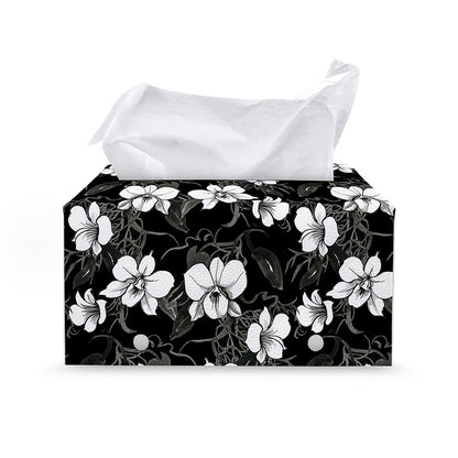 Black And White Cattleya Pattern Print Leather Tissue Box Cover