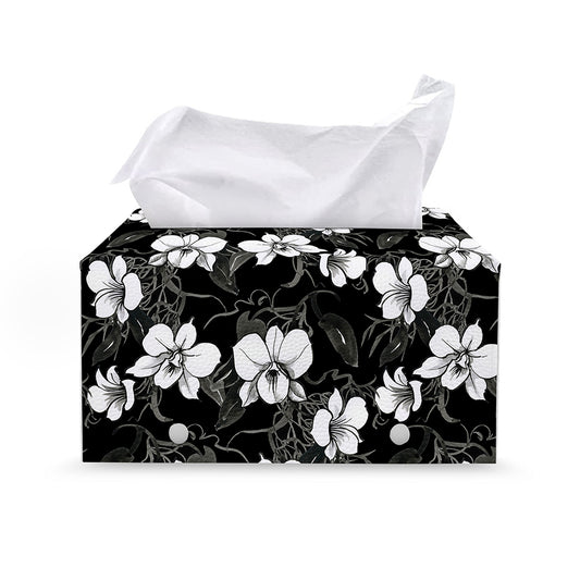 Black And White Cattleya Pattern Print Leather Tissue Box Cover