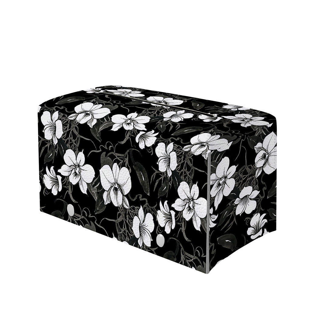 Black And White Cattleya Pattern Print Leather Tissue Box Cover