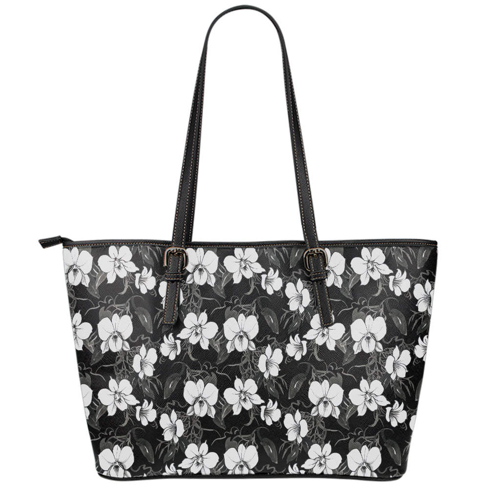 Black And White Cattleya Pattern Print Leather Tote Bag